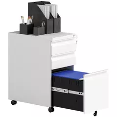 Vinsetto 3-Drawer Steel Filing Cabinet with Lock and Wheels - White - 1