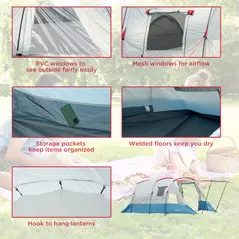 Outsunny 6-8 Person Tunnel Tent, Camping Tent with Bedroom, Living Room, Sewn-in Floor, 3 Doors and Carry Bag, 2000mm Water Column for Fishing, Hiking, Sports, and Traveling, Blue - 6