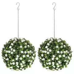 HOMCOM Set of 2 Decorative Artificial Plants, UV-protected Artificial Plant Topiary Rose Balls, Fake Plants for Home Indoor outdoor Decor, 28cm, White - 1
