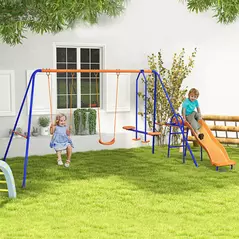 Outsunny Four-In-One Metal Garden Swing Set, with Double Swings, Glider, Slider, Ladder - Orange and Blue - 2