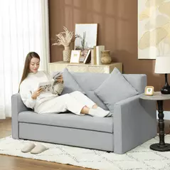 HOMCOM 2 Seater Sofa Bed with Hidden Storage, Pull Out Convertible Bed Settee, Modern Linen Loveseat Sofa Sleeper with 2 Cushions for Living Room, Guest Room, Light Grey - 2