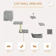 PawHut 6-Piece Cat Wall Shelves Set with Condo, Cat Wall Furniture with Platforms, Sisal Scratching Post, Bed, Toy Ball, Grey - 5