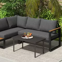 Outsunny Metal Garden Coffee Table, Rectangular Outdoor Side Table with Woodgrain Tabletop, Foot Pads for Outside, Garden, Balcony, Porch, 95 x 55 x 46cm, Brown - 9