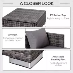 Outsunny 3PC Rattan Garden Furniture Storage Sofa Set 4 Seater Wicker Coffee Table Conservatory Sun Lounger Reclining Set Outdoor Weave with Cushion Grey - 7