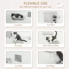 PawHut 6-Piece Cat Wall Shelves Set with Condo, Cat Wall Furniture with Platforms, Sisal Scratching Post, Bed, Toy Ball, Grey - 4