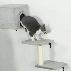 PawHut 6-Piece Cat Wall Shelves Set with Condo, Cat Wall Furniture with Platforms, Sisal Scratching Post, Bed, Toy Ball, Grey - 9