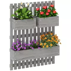 Outsunny Wall-mounted Wooden Garden Planters with Trellis, Drainage Holes and 3 Planter Boxes for Patio, Grey - 1