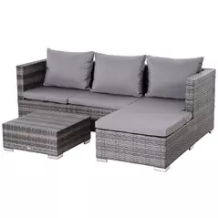 Outsunny 3PC Rattan Garden Furniture Storage Sofa Set 4 Seater Wicker Coffee Table Conservatory Sun Lounger Reclining Set Outdoor Weave with Cushion Grey - 1
