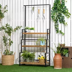 Outsunny 3 Tiered Plant Stand with Hanging Hooks, Flower Rack Shelf for Indoor Outdoor Porch Balcony Living Room Bedroom - 2