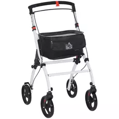 HOMCOM Folding Upright Rollator Walker with Lightweight Walking Frame, Storage Bag, Tray, Dual Brakes, Adjustable Handle Height, Mobility Aid Rolling 4 Wheeled Walker for Seniors, White - 1