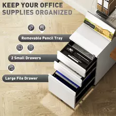 Vinsetto 3-Drawer Steel Filing Cabinet with Lock and Wheels - White - 4