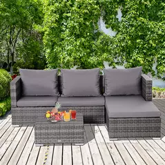 Outsunny 3PC Rattan Garden Furniture Storage Sofa Set 4 Seater Wicker Coffee Table Conservatory Sun Lounger Reclining Set Outdoor Weave with Cushion Grey - 2