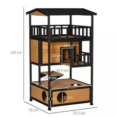 PawHut Wooden Outdoor Cat House, 3-Tier Cat Shelter with Tilted Roof, Terrace, Jump Step, Bottom Tray and Elevated Base, Waterproof Paint, Yellow - 3