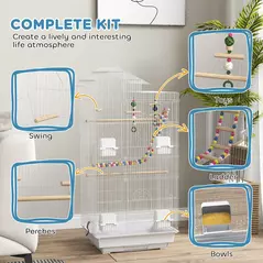 PawHut Bird Cage for Budgies, Finches, Canaries w/ Accessories, Toys, Tray, White - 4