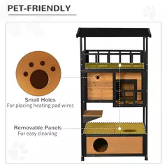 PawHut Wooden Outdoor Cat House, 3-Tier Cat Shelter with Tilted Roof, Terrace, Jump Step, Bottom Tray and Elevated Base, Waterproof Paint, Yellow - 7