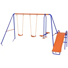 Outsunny Four-In-One Metal Garden Swing Set, with Double Swings, Glider, Slider, Ladder - Orange and Blue - 1