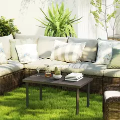 Outsunny Metal Garden Coffee Table, Rectangular Outdoor Side Table with Woodgrain Tabletop, Foot Pads for Outside, Garden, Balcony, Porch, 95 x 55 x 46cm, Brown - 7