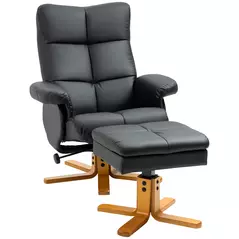 HOMCOM PU Leather Swivel Recliner Chair with Footstool, Wooden Base and Storage for Living Room, Black - 1