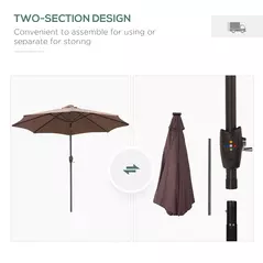 Outsunny Φ2.7m Garden 24 LED Light Parasol Solar Outdoor Tilt Sun Umbrella Patio Club Party Event Manual Sun Shade w/ Hand Crank and 8 Ribs, Brown - 8