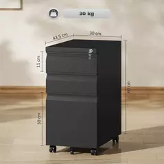 Vinsetto 3-Drawer Steel Filing Cabinet with Lock and Wheels - Black - 3