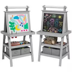 AIYAPLAY 3 in 1 Kids Easel Double-Sided Magnetic Whiteboard and Chalkboard with Paper Roll, Storage Baskets - Grey - 1