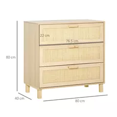 HOMCOM Rattan Bedroom Chest of Drawers, 3 Drawers Storage Unit, Boho Dresser for Living Room, Hallway, Natural - 3