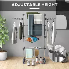 HOMCOM Four-Shelf Collapsing Clothes Horse, With Side Arms and Wheels - Grey - 4