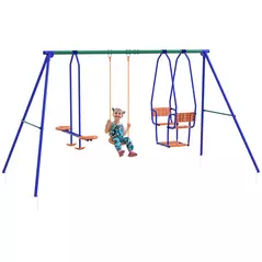 Outsunny Three-In-One Kids Metal Swing Set with Swing, Glider, Rocking Chair Swing, for Ages 3+ years - Orange and Blue - 1