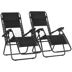 Outsunny Garden Recliner Chairs Set of 2, Outdoor Foldable Zero Gravity Chairs Set w/ Footstool and Detachable Headrest, Black - 1