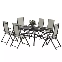 Outsunny Seven-Piece Steel Outdoor Dining Set, with Parasol Hole - Khaki - 1