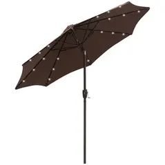 Outsunny Φ2.7m Garden 24 LED Light Parasol Solar Outdoor Tilt Sun Umbrella Patio Club Party Event Manual Sun Shade w/ Hand Crank and 8 Ribs, Brown - 1