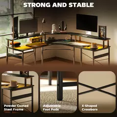 HOMCOM 'L' Shaped Work Desk, with LED Lights - Black - 7