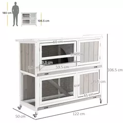 PawHut Wooden Pet Hutch, Two-Tier Cage with Rain Cover, Wheels, White - 3