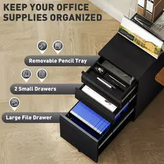 Vinsetto 3-Drawer Steel Filing Cabinet with Lock and Wheels - Black - 4
