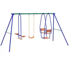 Outsunny Three-In-One Kids Metal Swing Set with Swing, Glider, Rocking Chair Swing, for Ages 3+ years - Orange and Blue - 1