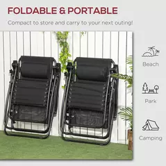 Outsunny Garden Recliner Chairs Set of 2, Outdoor Foldable Zero Gravity Chairs Set w/ Footstool and Detachable Headrest, Black - 5