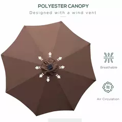 Outsunny Φ2.7m Garden 24 LED Light Parasol Solar Outdoor Tilt Sun Umbrella Patio Club Party Event Manual Sun Shade w/ Hand Crank and 8 Ribs, Brown - 4