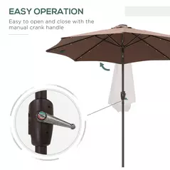 Outsunny Φ2.7m Garden 24 LED Light Parasol Solar Outdoor Tilt Sun Umbrella Patio Club Party Event Manual Sun Shade w/ Hand Crank and 8 Ribs, Brown - 7