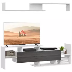 HOMCOM TV Cabinet with Wall Shelf for Wall-Mounted 65" TVs or Standing 40" TVs - White and Grey - 1