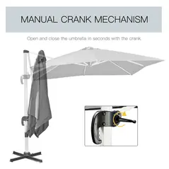 Outsunny 3 x 3(m) Cantilever Roma Parasol, Square Garden Umbrella with Cross Base, Crank Handle, Tilt, 360° Rotation and Aluminium Frame, Grey - 7