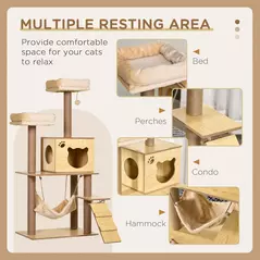 PawHut 130cm Cat Tree for Indoor Cats, Multi-Level Plush Cat Tower, with Five Scratching Posts, Two Perches, Cat House, Hammock - 4
