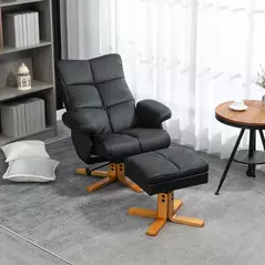 HOMCOM PU Leather Swivel Recliner Chair with Footstool, Wooden Base and Storage for Living Room, Black - 2