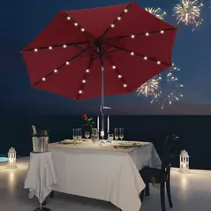 Outsunny Φ2.7m Garden 24 LED Light Parasol Solar Outdoor Tilt Sun Umbrella Patio Club Party Event Manual Sun Shade w/ Hand Crank and 8 Ribs, Red - 2