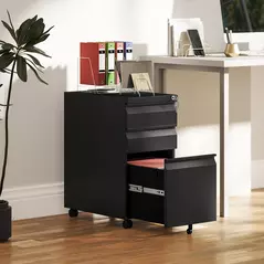 Vinsetto 3-Drawer Steel Filing Cabinet with Lock and Wheels - Black - 2