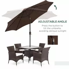 Outsunny Φ2.7m Garden 24 LED Light Parasol Solar Outdoor Tilt Sun Umbrella Patio Club Party Event Manual Sun Shade w/ Hand Crank and 8 Ribs, Brown - 6