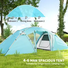 Outsunny 4-6 Man Family Camping Tent w/ 2 Bedrooms and a Living Room, Waterproof Tunnel Tent w/ Sewn In Groundsheet, Doors, Windows, Carry Bag, Blue - 4