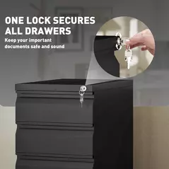 Vinsetto 3-Drawer Steel Filing Cabinet with Lock and Wheels - Black - 6