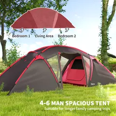 Outsunny 4-6 Man Family Camping Tent w/ 2 Bedrooms and a Living Room, Waterproof Tunnel Tent w/ Sewn In Groundsheet, Doors, Windows, Carry Bag, Grey - 4