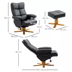 HOMCOM PU Leather Swivel Recliner Chair with Footstool, Wooden Base and Storage for Living Room, Black - 3