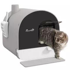 PawHut Hooded Cat Litter Box, Kitten Litter Tray, with Lid, Scoop, Filter, Flap Door, Light Grey - 1